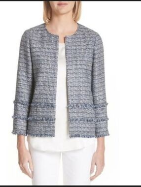 Lafayette 148 New York Blue Tweed Fringe Open-Front Jacket